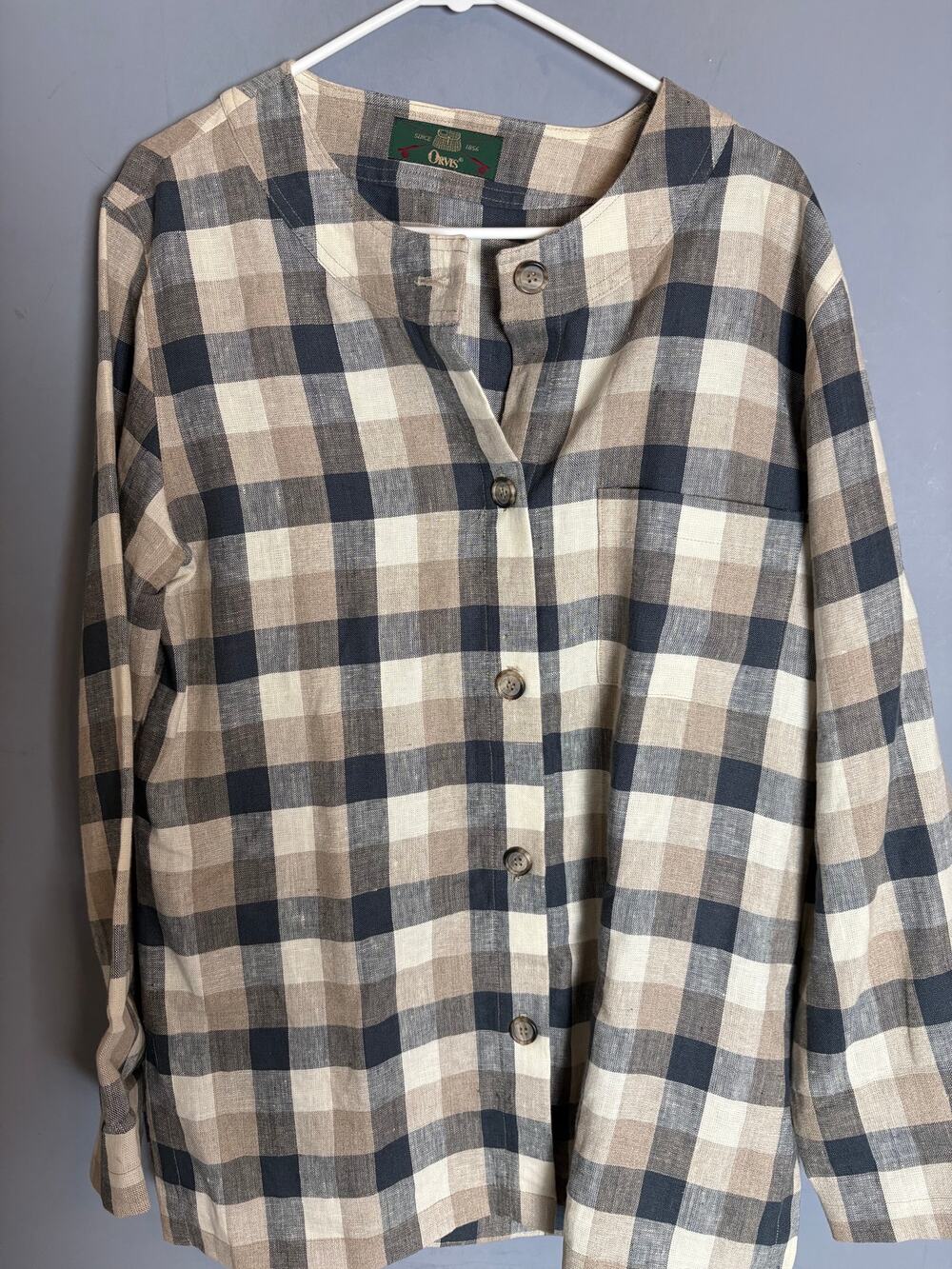 Orvis Men’s Beige Brown Gray Plaid Button Front Long Sleeve Shirt Medium Read